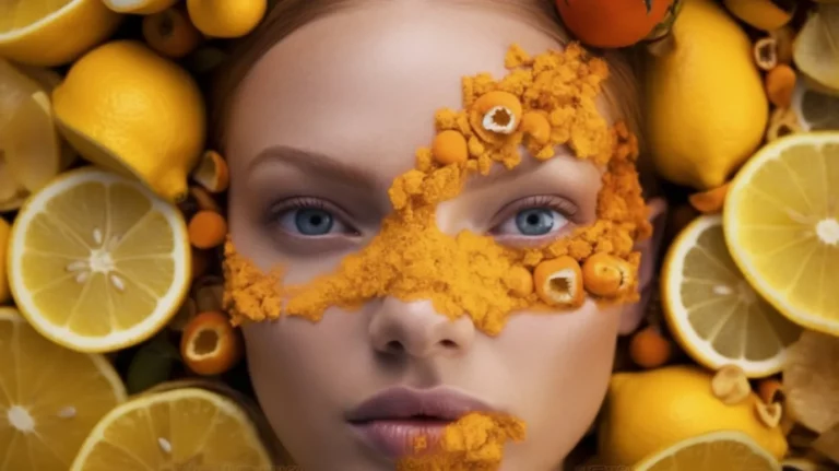 a woman with oranges and lemon on her face, in the style of vray tracing