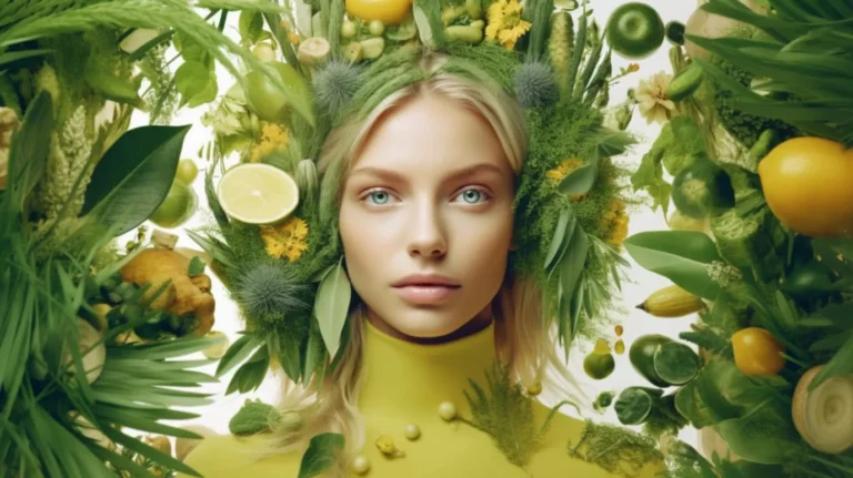 a young beautiful woman is surrounded by citrus and green leaves